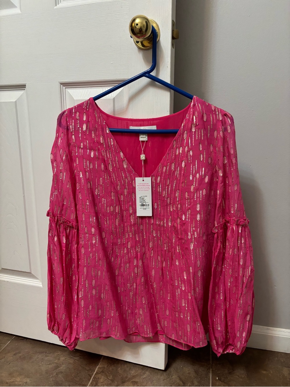 Lilly Pulitzer Hot Pink Metallic-Trim V-Neck Blouse